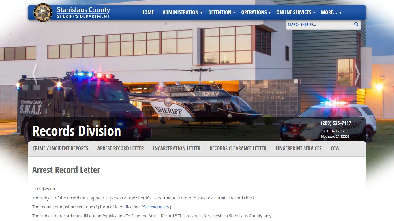 Arrest Record Letter - Stanislaus County Sheriff's Department